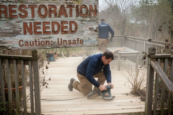 Contractor-restoring-an-unsafe-weathered-wooden-deck-with-power-sander.