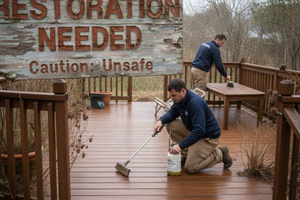 Workers staining a newly restored wooden deck for safety and curb appeal.