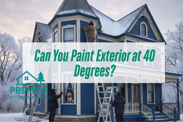 crew painting a blue house with a caption Can You Paint Exterior at 40 Degrees?