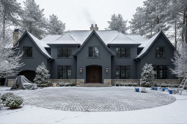 gray painted house in a cold weather