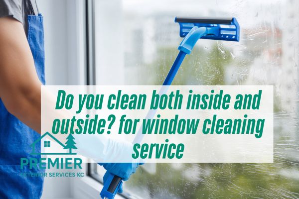 man in blue cleaning the window with a caption Do you clean both inside and outside? for window cleaning service