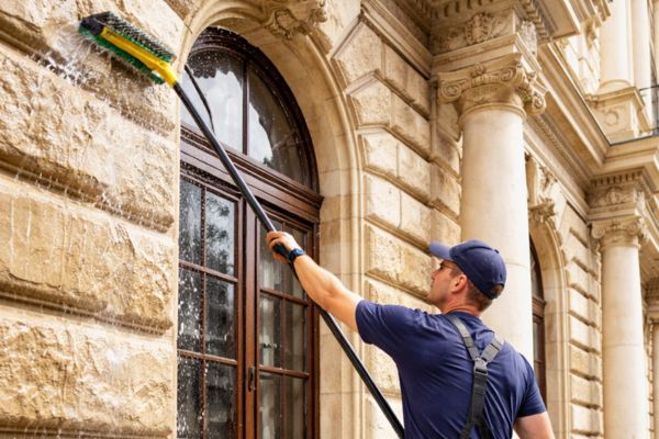 man cleaning a historic building